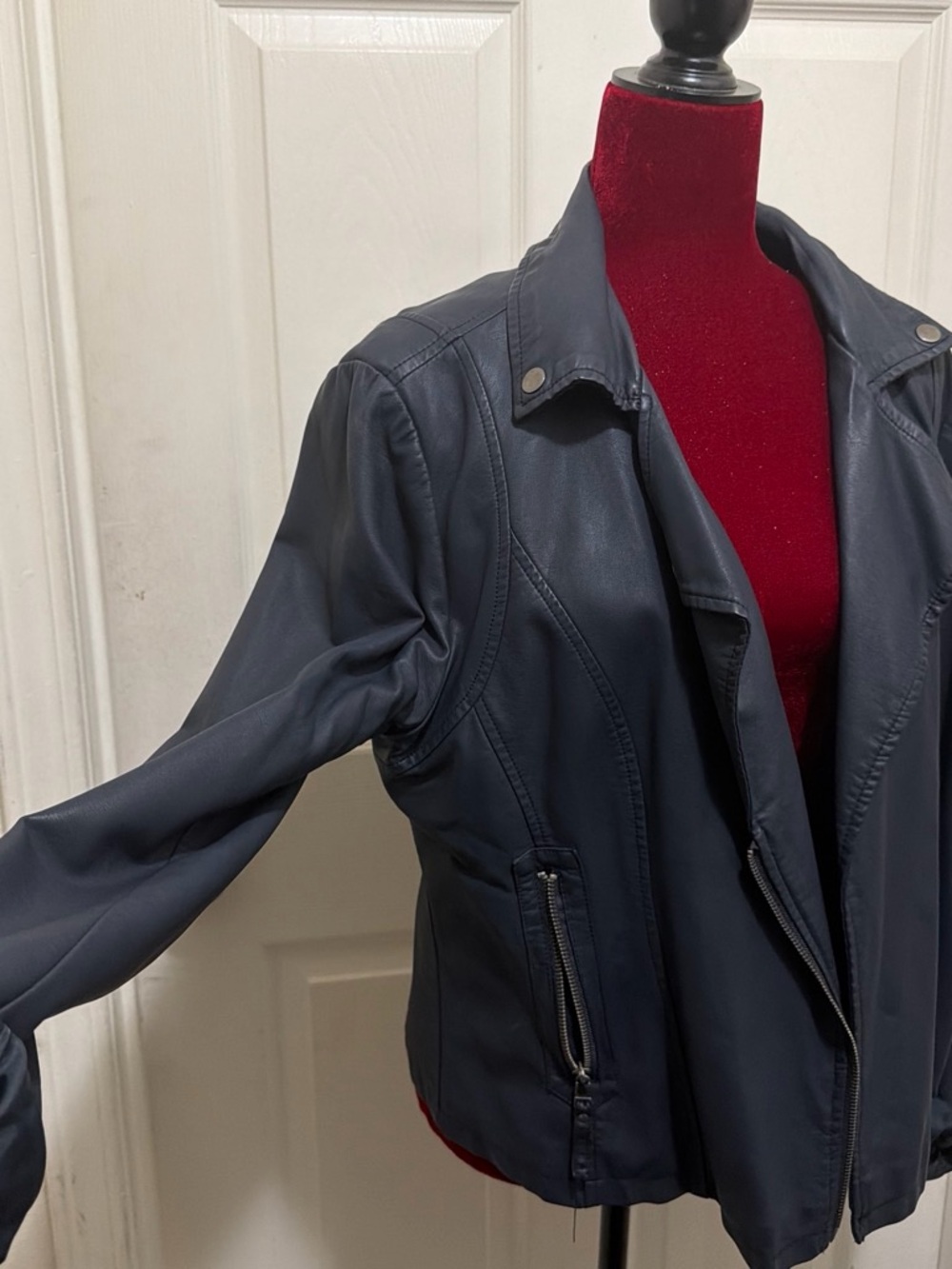 Max Studio Navy Faux-Leather Moto Jacket - Picture 3 of 5